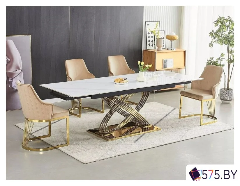Кухонный стол Signal Hermes II 160-240/90 (эффект белого мрамора/золотой) в магазине 575.by