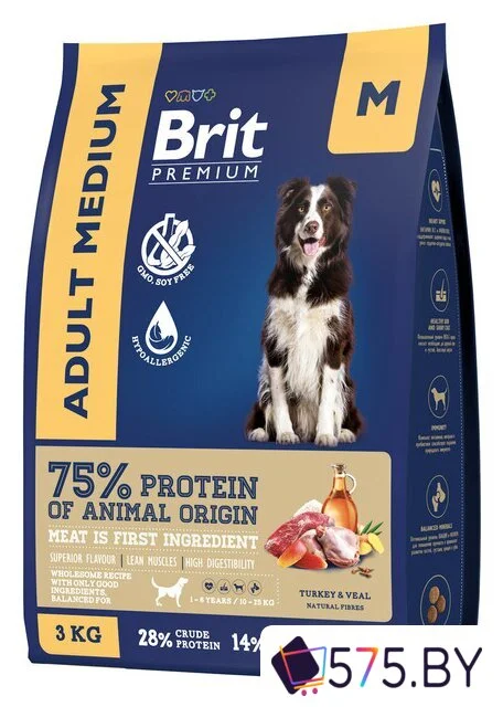 Сухой корм для собак Brit Premium Adult Medium с индейкой и телятиной 3 кг в магазине 575.by