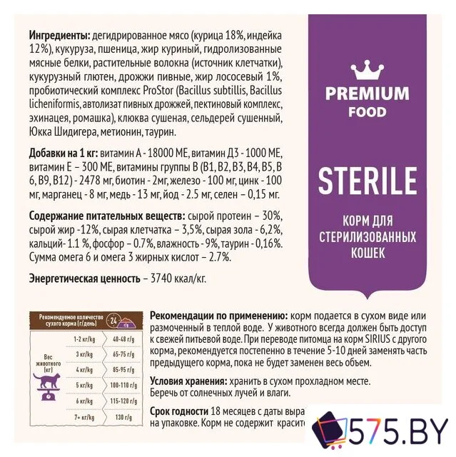 Сухой корм для кошек Sirius для стерилизованных с индейкой и курицей 1.5 кг в магазине 575.by
