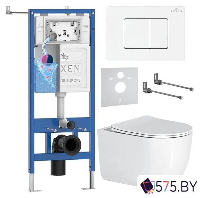Унитаз подвесной Roxen Vortex Tornado в комплекте с инсталляцией StounFix Dual Fresh 6 в 1 868536 (кнопка: белый глянцевая) в магазине 575.by