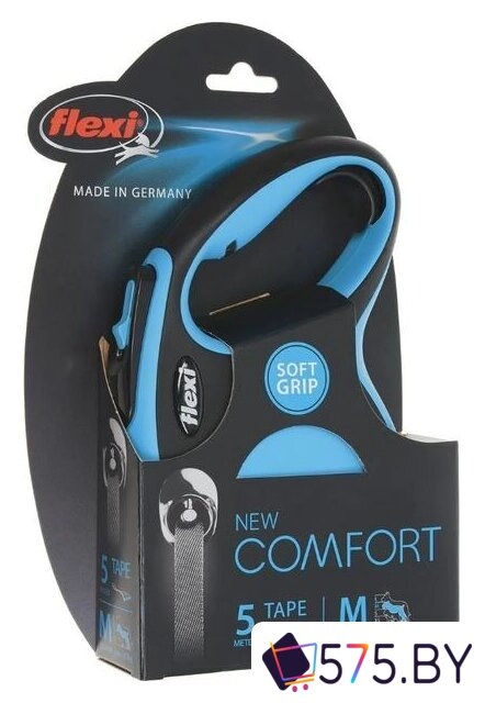 Поводок-рулетка Flexi New Comfort M Tape 5 м (голубой/черный) в магазине 575.by
