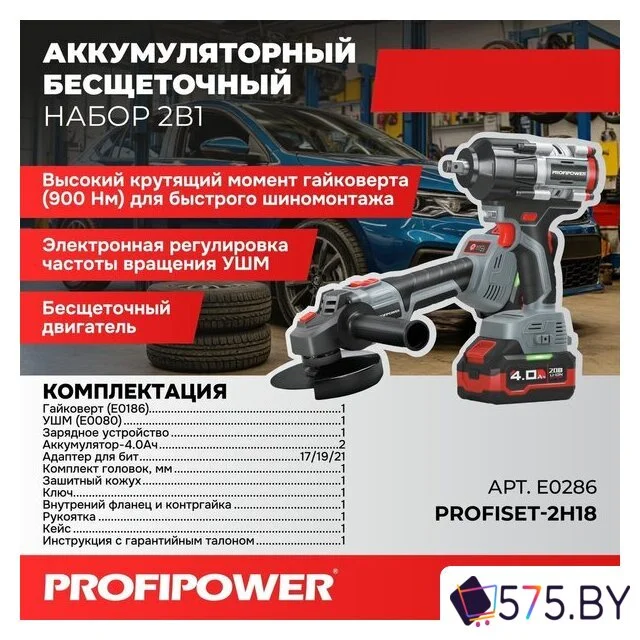 Наборы электроинструментов Profipower ProfiSet-2H20 E0286 (гайковерт, болгарка, 2 АКБ, кейс) в магазине 575.by