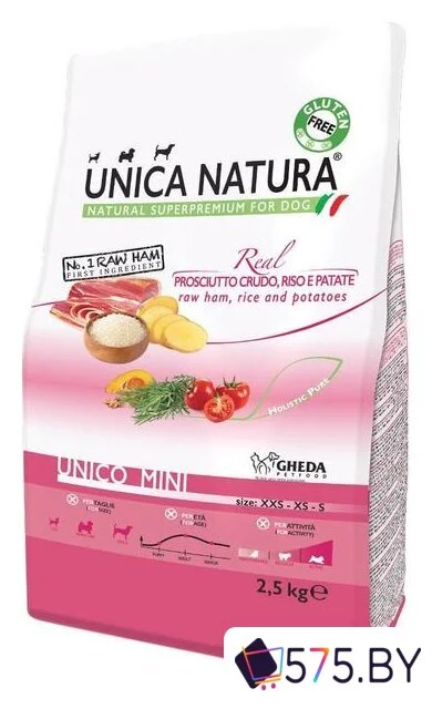 Сухой корм для собак Unica Natura Unico Mini с сыровяленой ветчиной, рисом и картофелем 2.5 кг в магазине 575.by