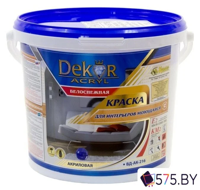 Краска Dekor ВД-АК-216 для интерьеров моющаяся (белоснежный, 7 кг) в магазине 575.by