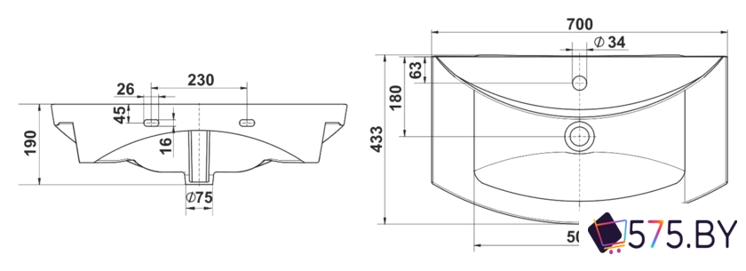 Умывальник Акваль Палермо 70 70x43 в магазине 575.by