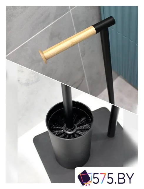 Держатель для туалетной бумаги и ершика Caspian 90026 (черный/бамбук) в магазине 575.by