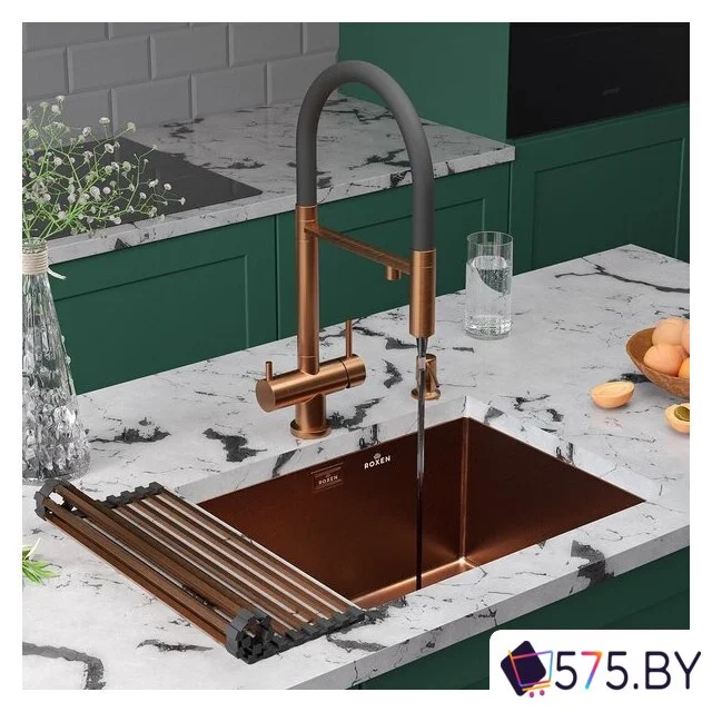 Кухонная мойка Roxen Uno 560210-54BR-GR бронза/текстурная PVD покрытие (с ролл-матом и дозатором) в магазине 575.by
