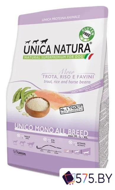 Сухой корм для собак Unica Natura Unico Mono All Breed с форелью, рисом, конскими бобами 12 кг в магазине 575.by