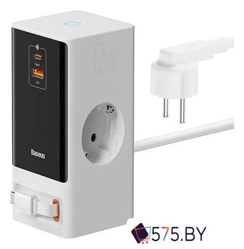 Сетевое зарядное Baseus PowerCombo Digital PowerStrip 2AC+1U+1C+Retractable-C 65W PSLR000602 (белый) в магазине 575.by