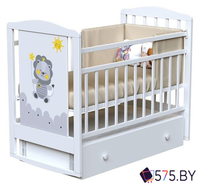 Классическая детская кроватка VDK Happy Lion маятник и ящик (белый) в магазине 575.by