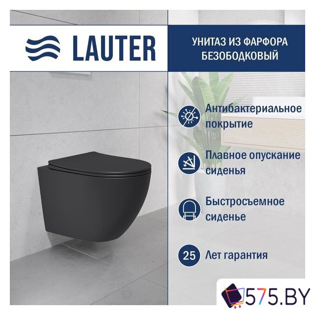 Унитаз подвесной Lauter Augsburg 21109EC + 21901002 (кнопка прямоугольная, черный) в магазине 575.by