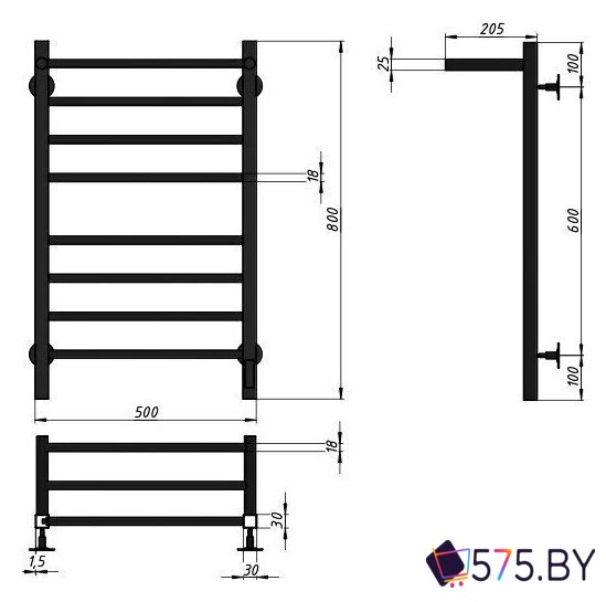 Полотенцесушитель Granula Квадро Сплит 50х80 (с полкой, терморегулятором, черный) в магазине 575.by